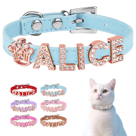 Personalized Cat Collar PU Leather Puppy Kitten Collars Free Custom Bling Rhinestone Name Charms Necklace For Cats Small Dogs